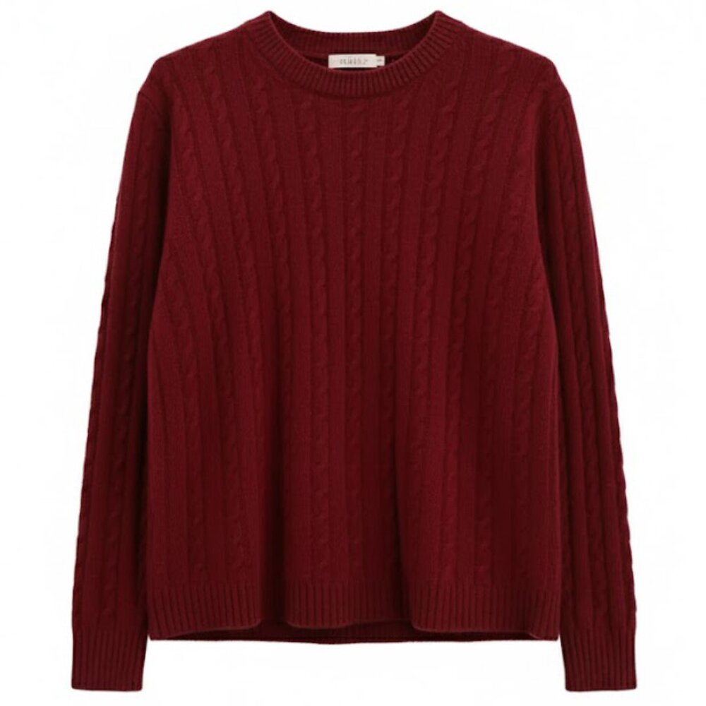 PURE MERINO WOOL BURGUNDY CREW NECK CABLE KNIT SWEATER BY NAIS PARIS - Picture 3 of 3